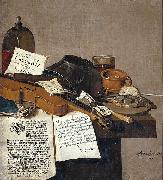 Anthonie Leemans Still life with a copy of De Waere Mercurius painting